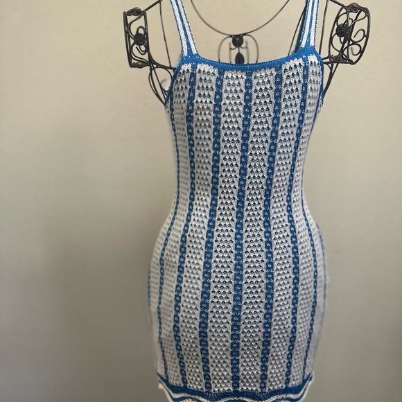 Blue and White crochet Patterned Swim Coverup - Picture 8 of 11
